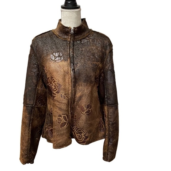 True Grit Brown Floral Rose Faux Fur Jacket Western Small L - Picture 2 of 13